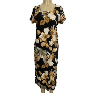 NWOT Reyn Spooner Maxi Dress Rayon Square Neck Short Sleeve Brown Black S VTG